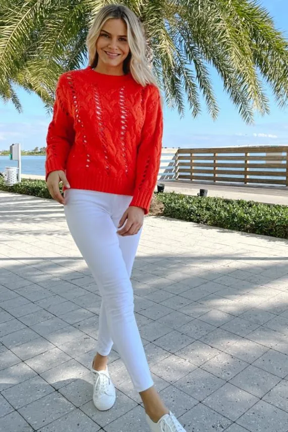 Sosandar Red Open Stitch Cable Knit Jumper Red Women Knitwear