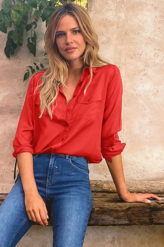 Sosandar Red Pocket Detail Utility Shirt Red Women Tops