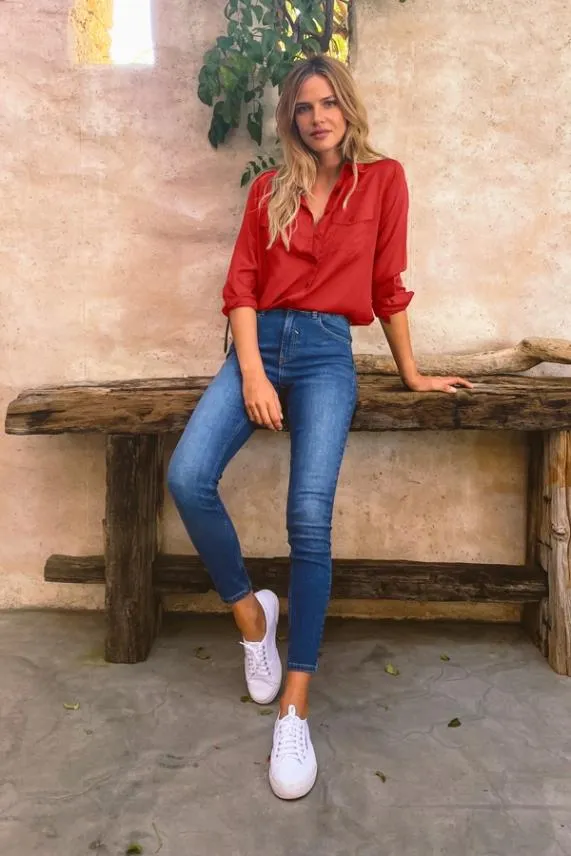 Sosandar Red Pocket Detail Utility Shirt Red Women Tops