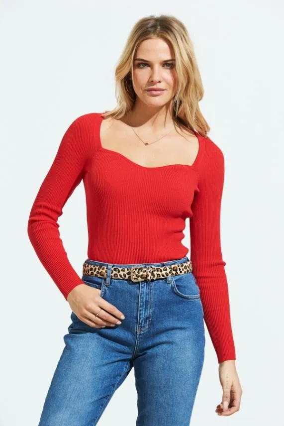 Sosandar Red Sweetheart Neck Ribbed Jumper Red Women Knitwear