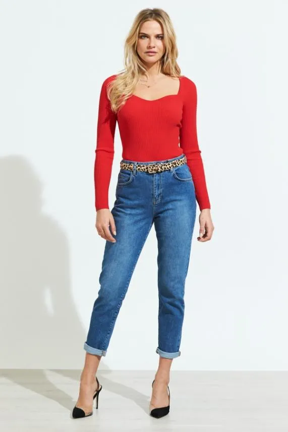 Sosandar Red Sweetheart Neck Ribbed Jumper Red Women Knitwear