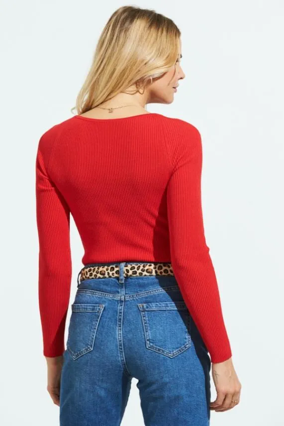 Sosandar Red Sweetheart Neck Ribbed Jumper Red Women Knitwear