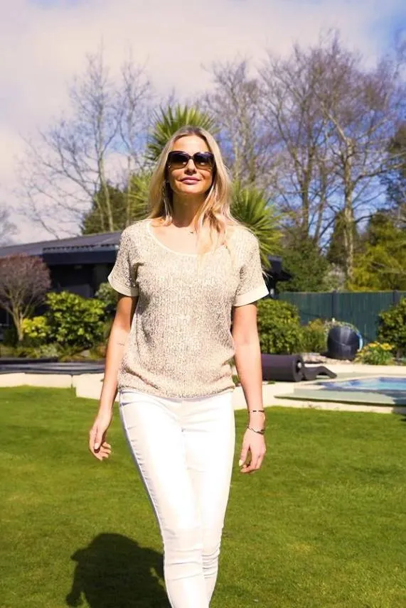 Sosandar Rose Gold Sequin Front Relaxed T Shirt Rose Gold Women Tops