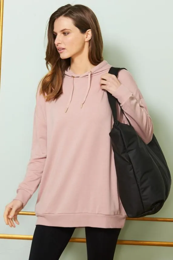 Sosandar Rose Pink Longline Hooded Top With Pockets Rose Pink Women Activewear