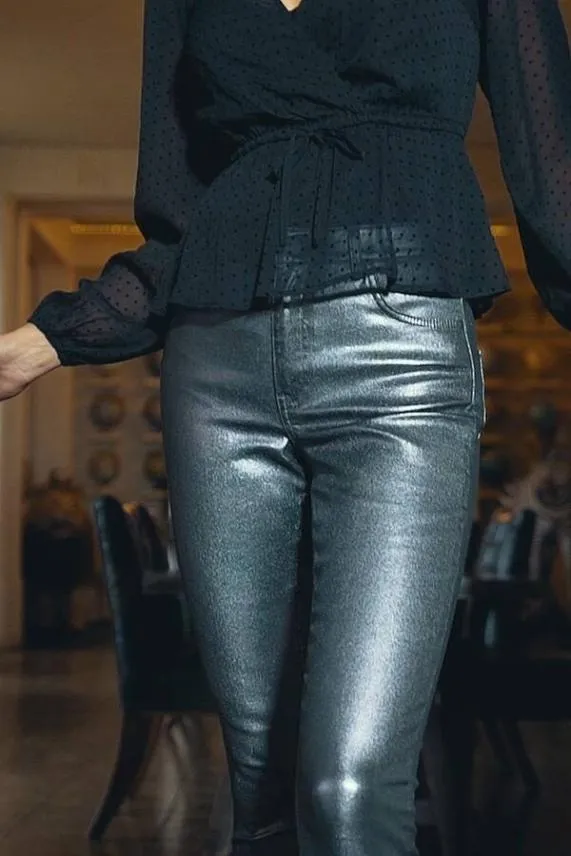 Sosandar Silver Metallic Premium Skinny Jeans Silver Women Jeans and Jeggings