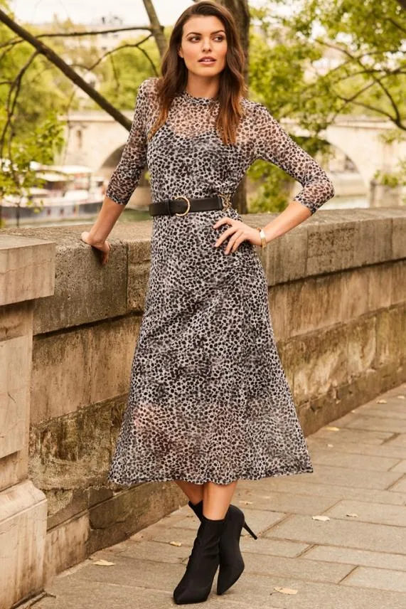 Sosandar Snow Leopard Print Mesh Dress Women Dresses