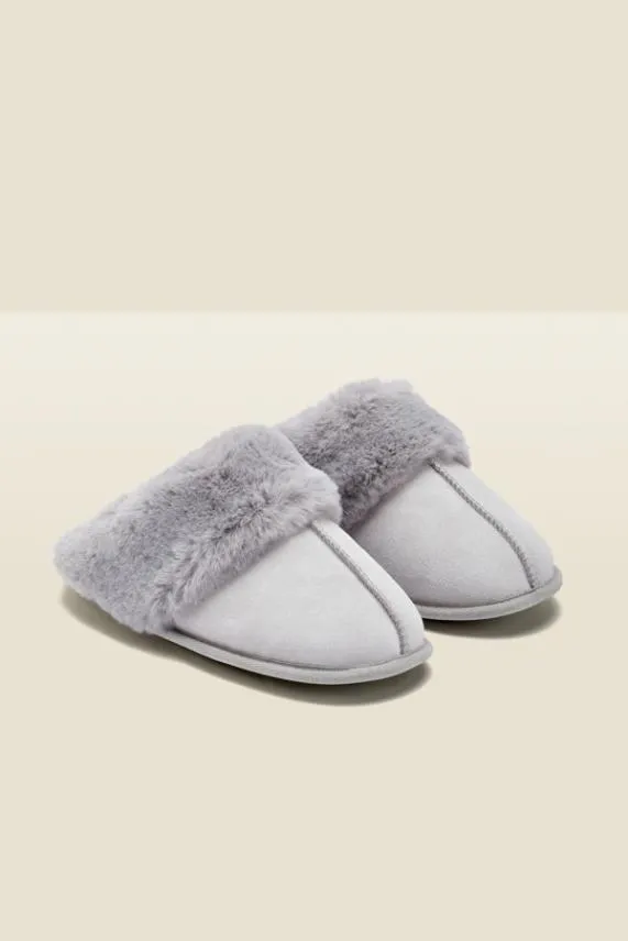 Sosandar Soft Grey Suede Mule Slippers With Faux Fur Lining Grey Women Slippers Sosandar Soft Grey Suede Mule Slippers With Faux Fur Lining Grey Women Slippers