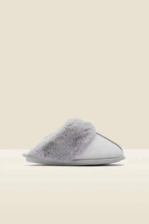 Sosandar Soft Grey Suede Mule Slippers With Faux Fur Lining Grey Women Slippers