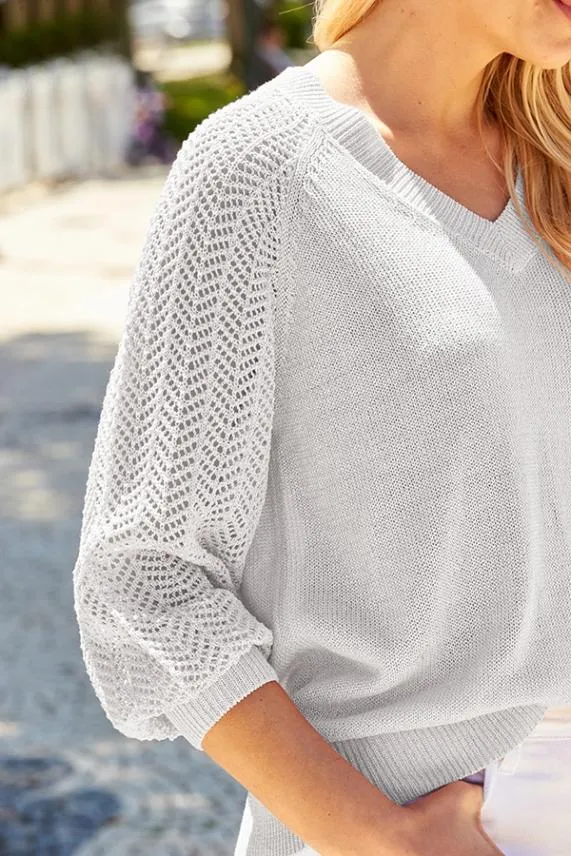 Sosandar Soft Silver Pointelle Sleeve V Neck Jumper Silver Women Knitwear