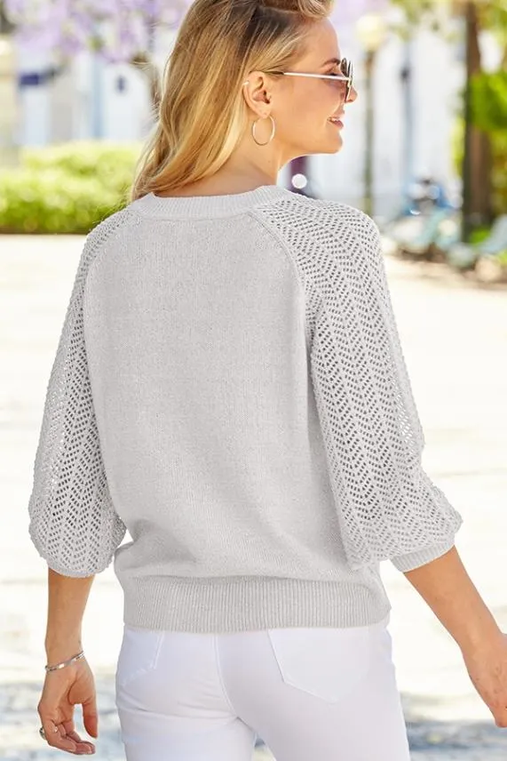 Sosandar Soft Silver Pointelle Sleeve V Neck Jumper Silver Women Knitwear