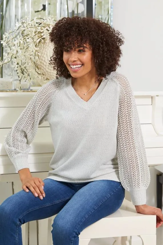 Sosandar Soft Silver Pointelle Sleeve V Neck Jumper Silver Women Knitwear