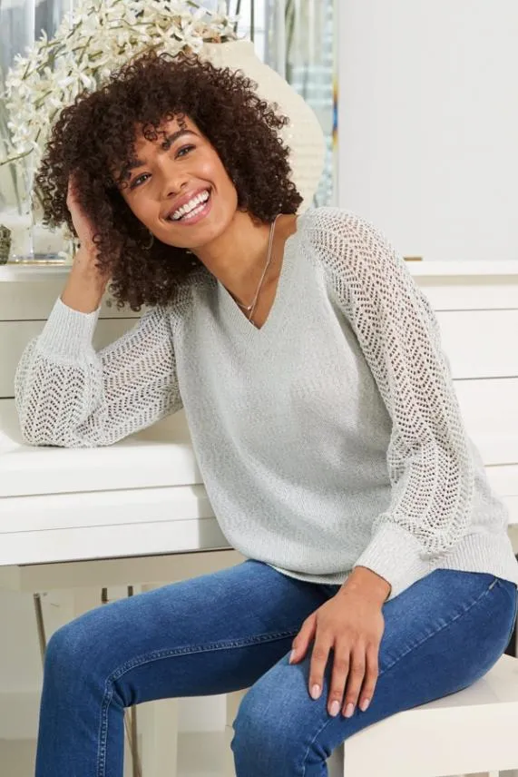 Sosandar Soft Silver Pointelle Sleeve V Neck Jumper Silver Women Knitwear