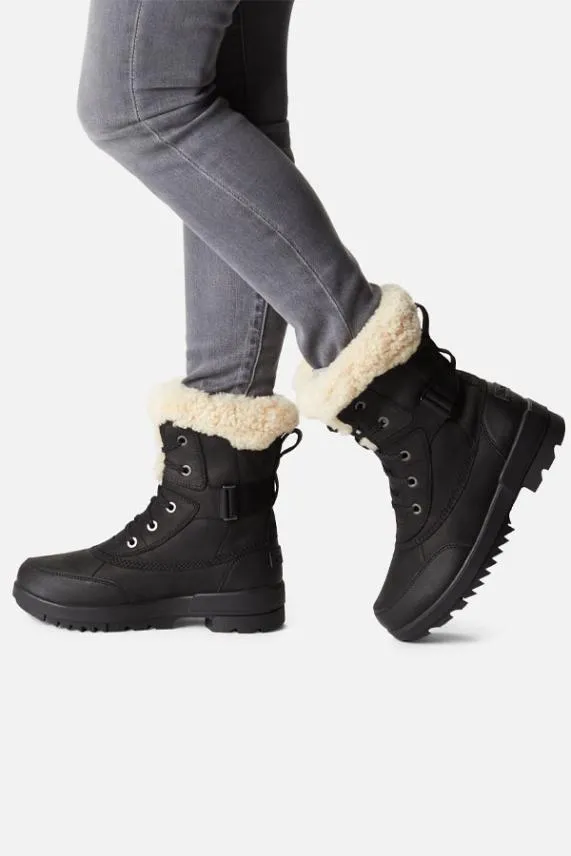 Sosandar Sorel Black Leather Shearling Collar Hiker Boot Black Women Boots