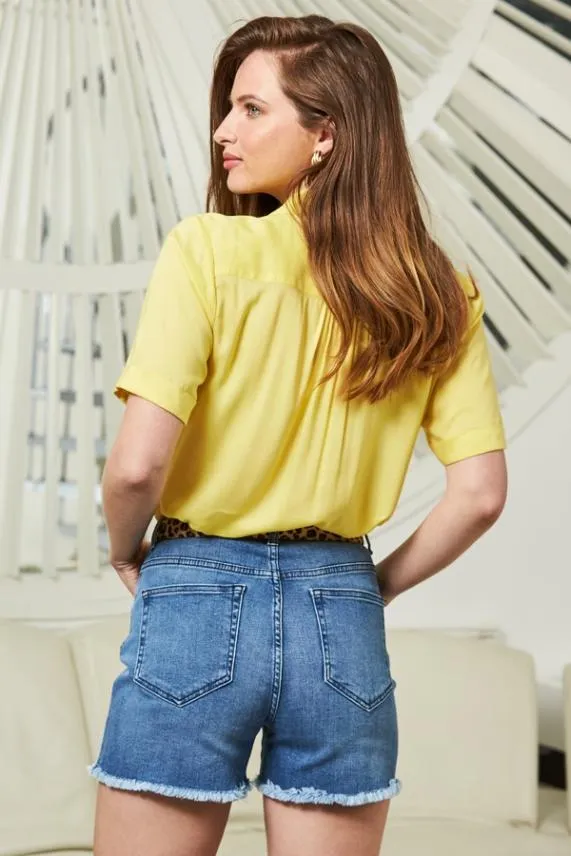 Sosandar Sunshine Yellow Button Front Short Sleeve Relaxed Fit Shirt Women Tops