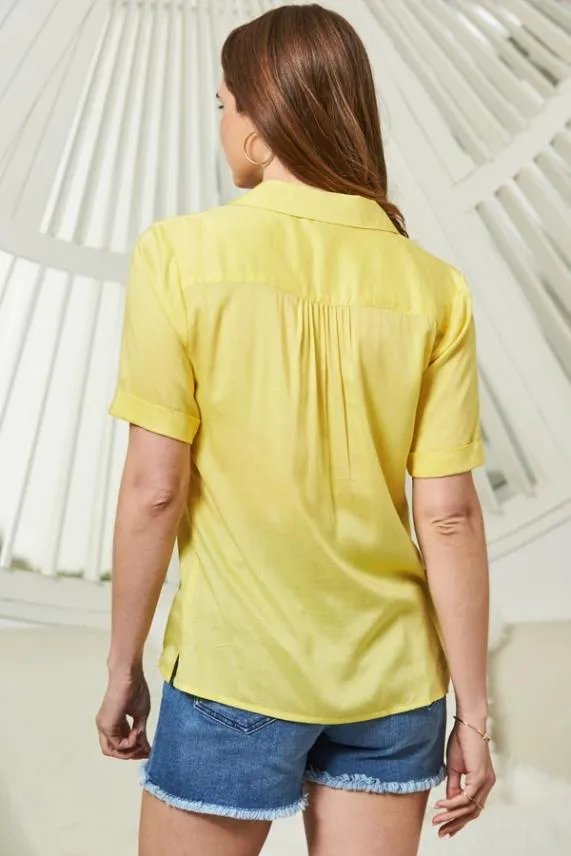 Sosandar Sunshine Yellow Button Front Short Sleeve Relaxed Fit Shirt Women Tops