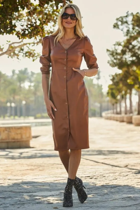 Sosandar Tan Leather Look Popper Front Pencil Dress With Pockets Tan Women Dresses Sosandar Tan Leather Look Popper Front Pencil Dress With Pockets Tan Women Dresses