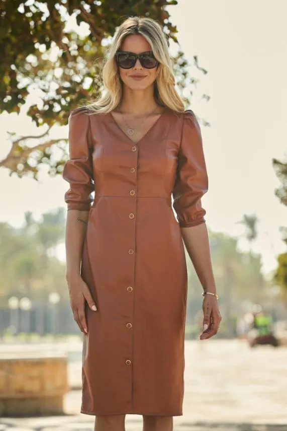 Sosandar Tan Leather Look Popper Front Pencil Dress With Pockets Tan Women Dresses