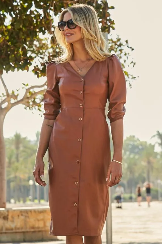 Sosandar Tan Leather Look Popper Front Pencil Dress With Pockets Tan Women Dresses