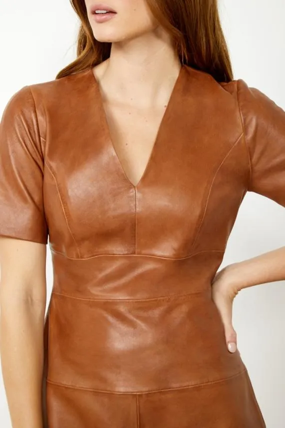 Sosandar Tan Leather V Neck Fit and Flare Dress Tan Women Dresses