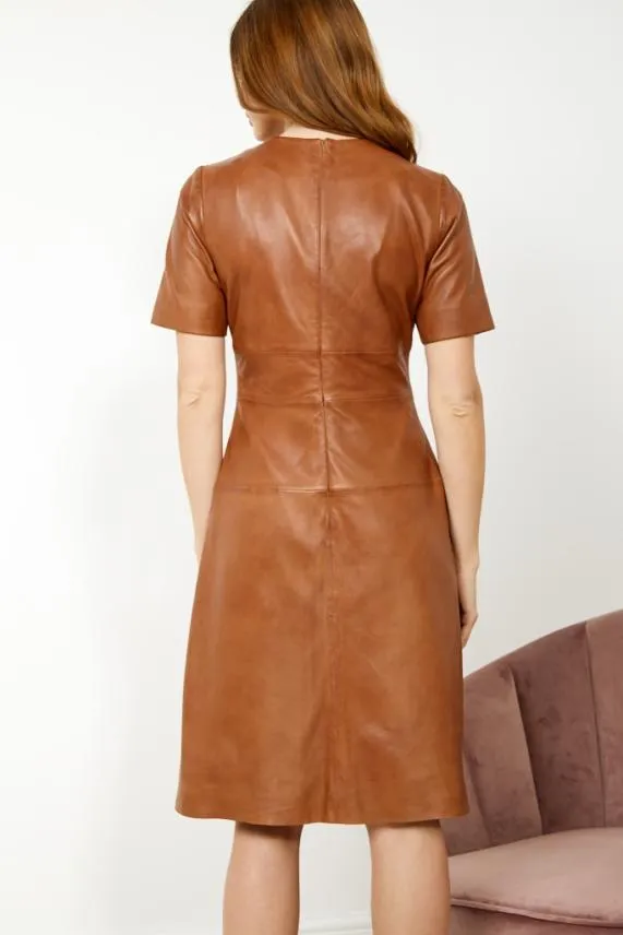 Sosandar Tan Leather V Neck Fit and Flare Dress Tan Women Dresses