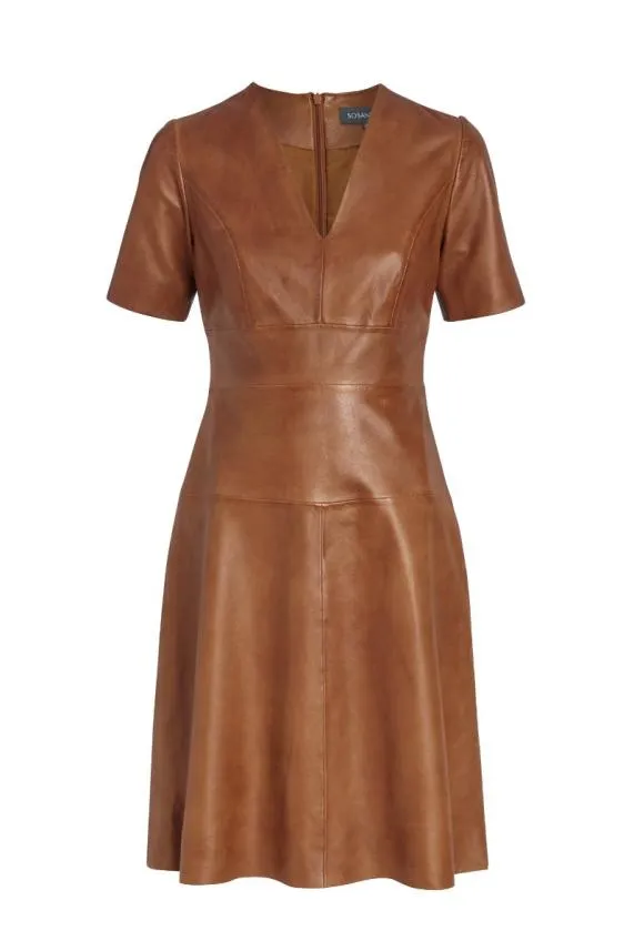 Sosandar Tan Leather V Neck Fit and Flare Dress Tan Women Dresses