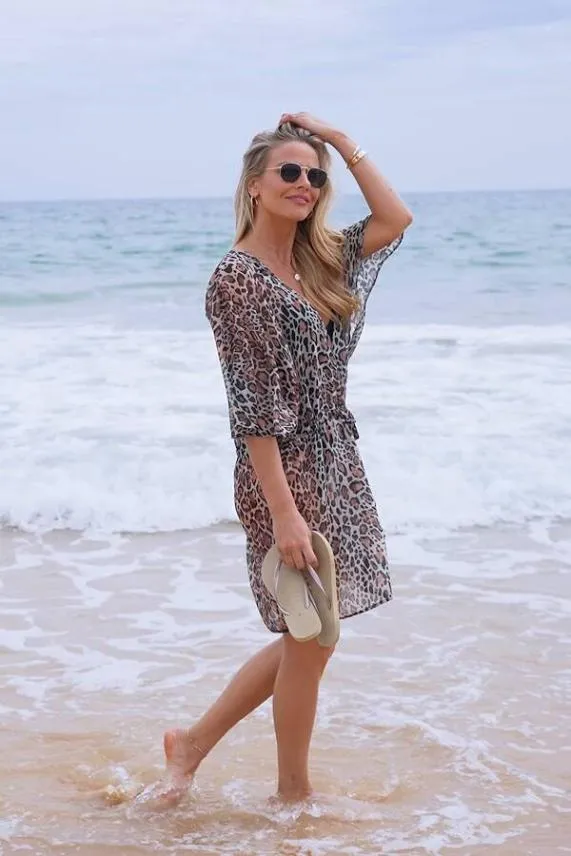 Sosandar Tan Leopard Print Tie Waist Kaftan Tan Women Swim and Beachwear