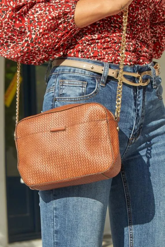 Sosandar Tan Woven Faux Leather Shoulder Bag Tan Women Bags and Belts