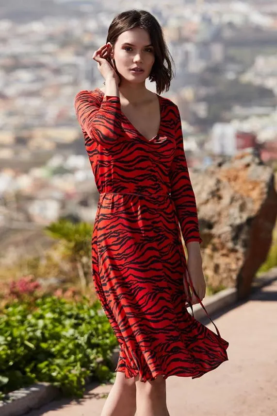 Sosandar Tiger Print Slinky Midi Dress Women Dresses