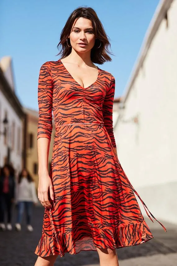 Sosandar Tiger Print Slinky Midi Dress Women Dresses