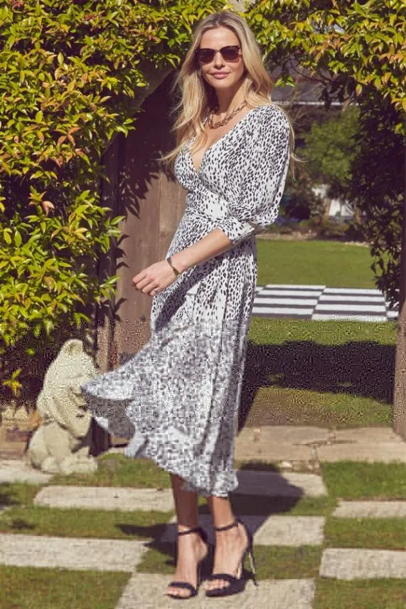 Sosandar White and Black Animal Print Ruffle Hem Midi Wrap Dress White Black Women Dresses