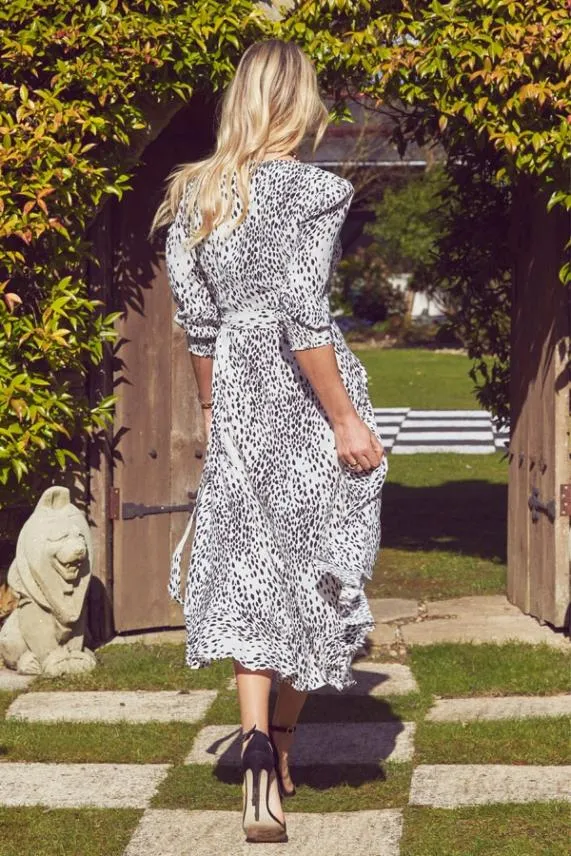 Sosandar White and Black Animal Print Ruffle Hem Midi Wrap Dress White Black Women Dresses