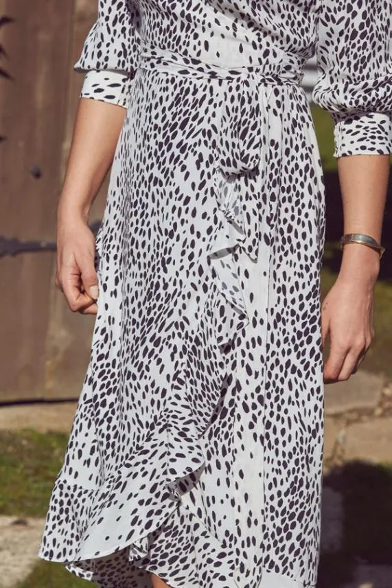 Sosandar White and Black Animal Print Ruffle Hem Midi Wrap Dress White Black Women Dresses