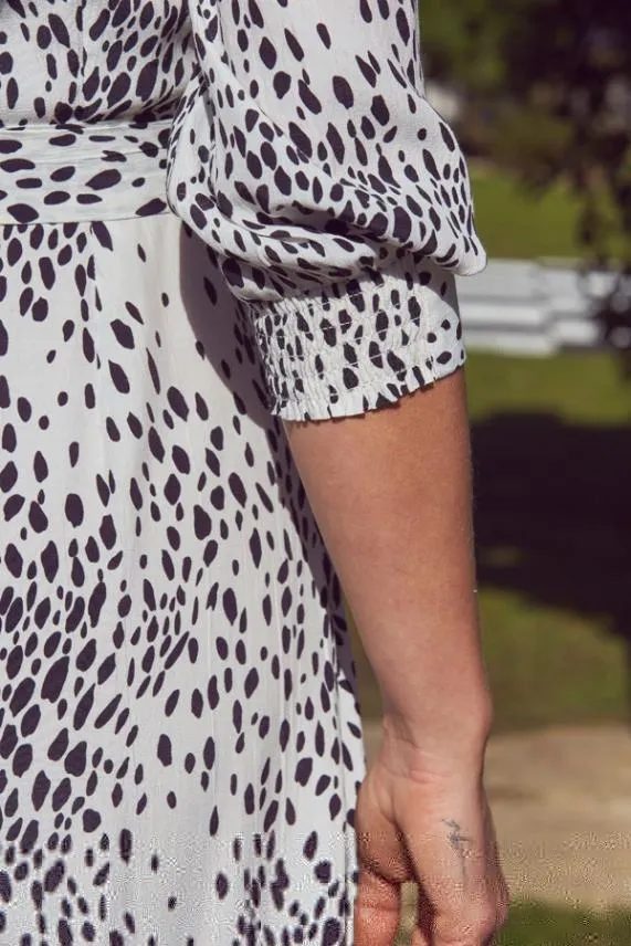 Sosandar White and Black Animal Print Ruffle Hem Midi Wrap Dress White Black Women Dresses