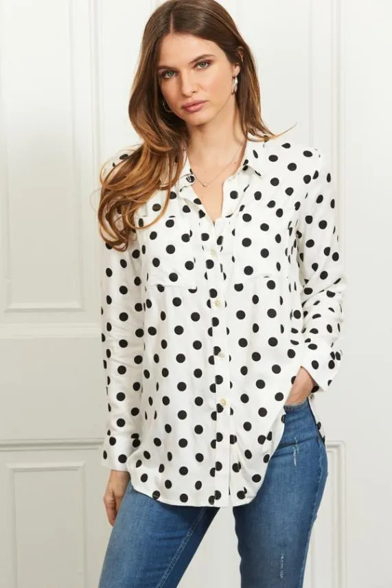 Sosandar White and Black Spot Print Pocket Detail Shirt White Black Women Tops