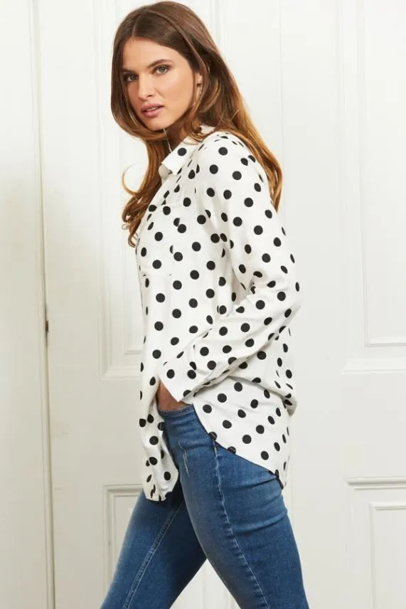Sosandar White and Black Spot Print Pocket Detail Shirt White Black Women Tops