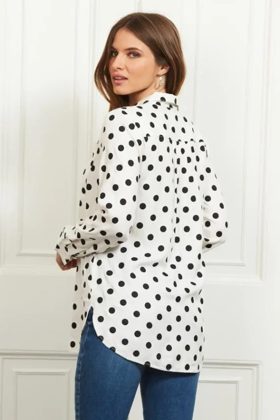 Sosandar White and Black Spot Print Pocket Detail Shirt White Black Women Tops