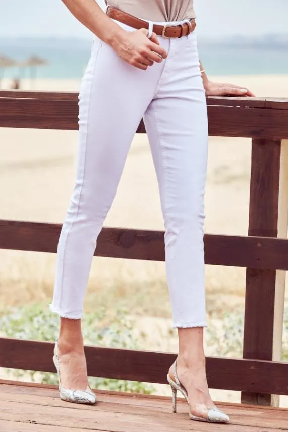 Sosandar White Cropped Raw Hem Skinny Jeans White Women Jeans and Jeggings