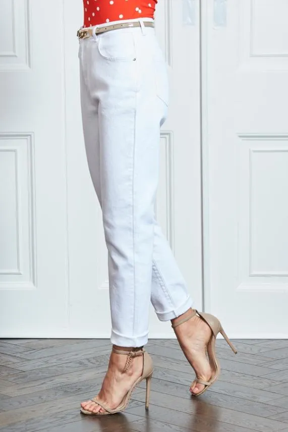 Sosandar White Denim Slim Leg Mom Jeans White Women Jeans and Jeggings