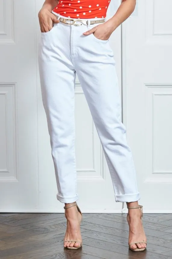 Sosandar White Denim Slim Leg Mom Jeans White Women Jeans and Jeggings