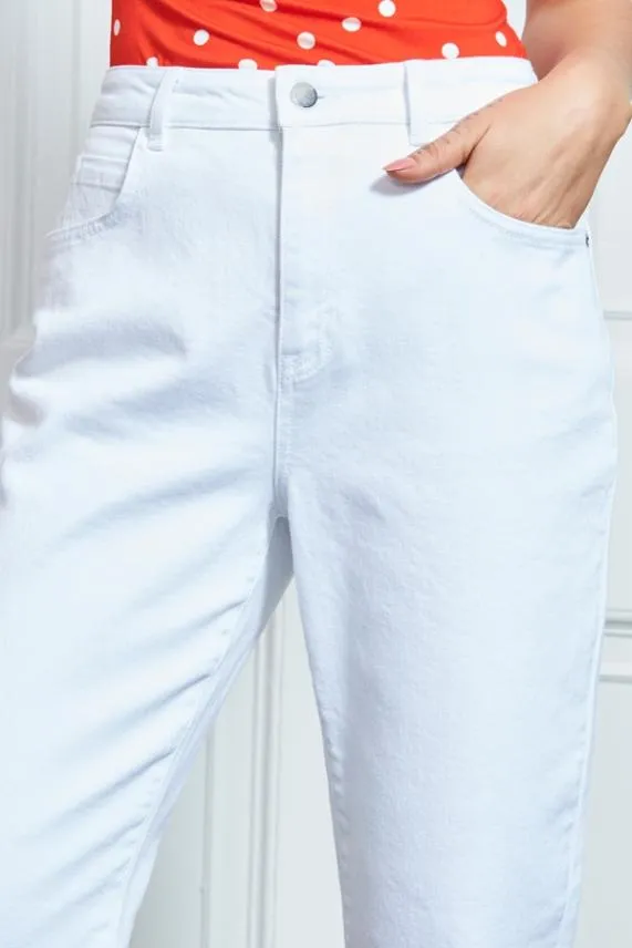 Sosandar White Denim Slim Leg Mom Jeans White Women Jeans and Jeggings