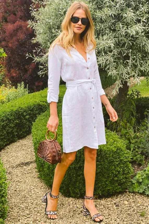 Sosandar White Linen Belted Shirt Dress White Women Dresses