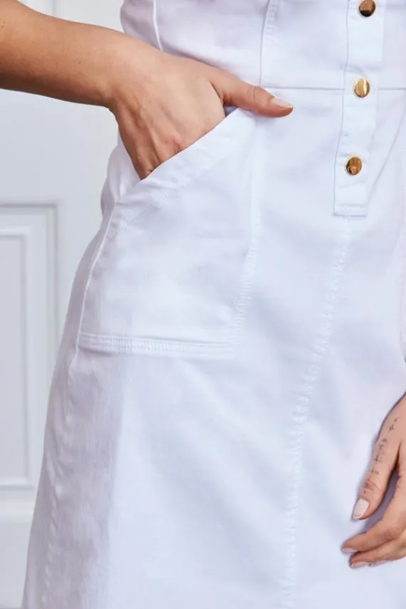 Sosandar White Popper Front Short Sleeve Stretch Denim Dress White Women Dresses
