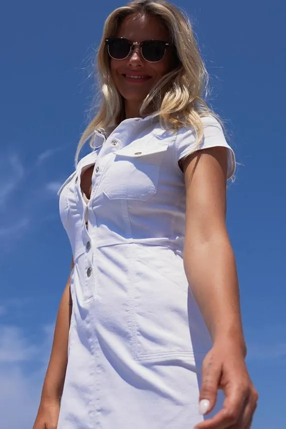 Sosandar White Popper Front Short Sleeve Stretch Denim Dress White Women Dresses