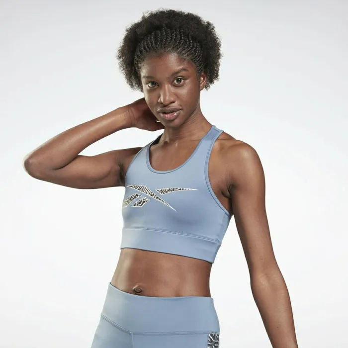 Sports Bras Womens Reebok Modern Safari HighNeck Sports Bra Blue Slate