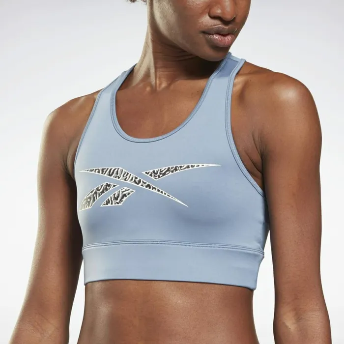 Sports Bras Womens Reebok Modern Safari HighNeck Sports Bra Blue Slate