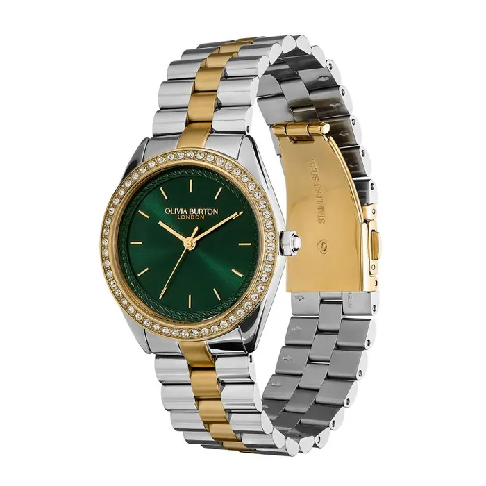 Sports Luxe Watches Women Olivia Burton 34mm Bejewelled Forest Green and Two Tone Bracelet Watch