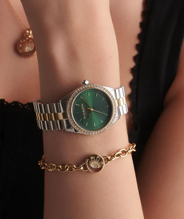 Sports Luxe Watches Women Olivia Burton 34mm Bejewelled Forest Green and Two Tone Bracelet Watch