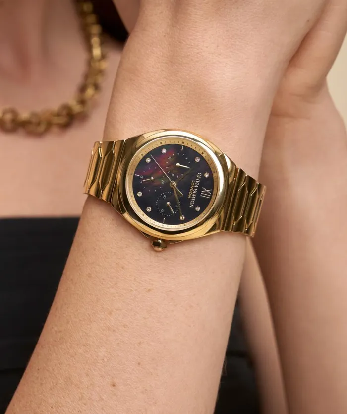 Sports Luxe Watches Women Olivia Burton 36mm Lustre MultiFunction Black and Gold Bracelet Watch