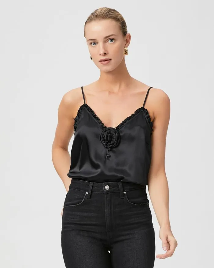 Tops and Blouses Women PAIGE Reina Cami Rosette 8211 Black Silk Satin