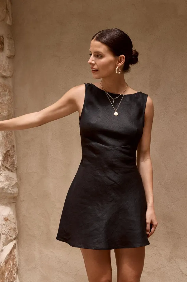VRG GRL Mini Dresses Art Of Bloom Linen Bias Cut Mini Dress Black 8211 Women